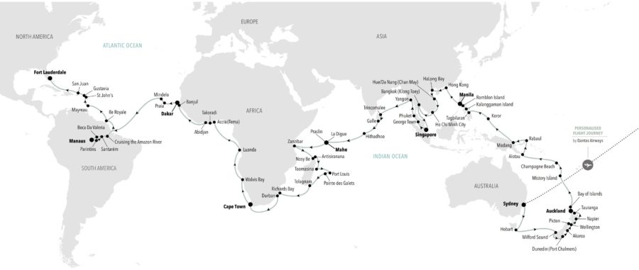 World map showing itinerary for the Silversea World Cruise 2023
